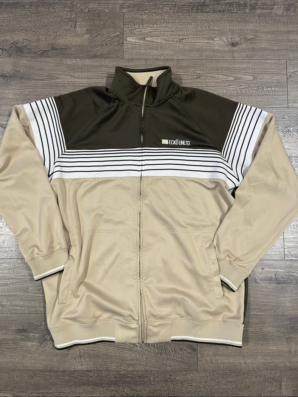 Ecko Unlimited Beige, Black and White Striped Zip-Up Sweater